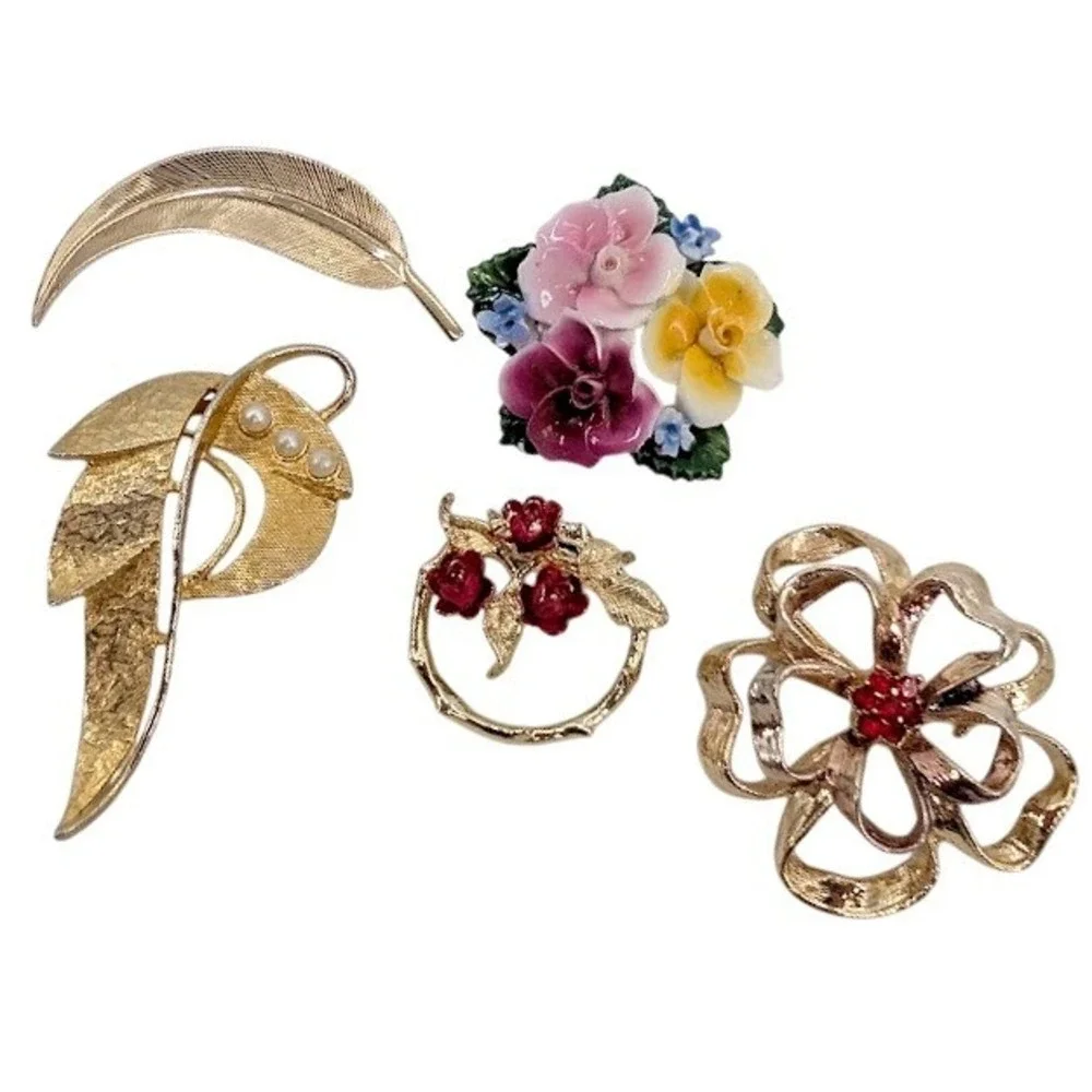 VTG Brooch Lot Floral Gold Tone Thorley Bone China Gerrys Botanical Garden Party